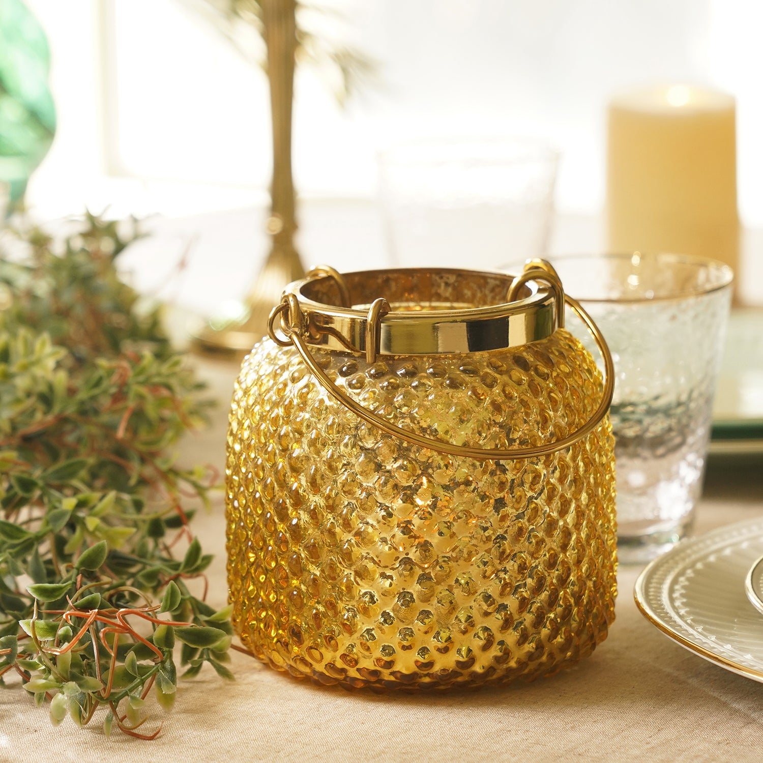 Gold Dotted Glass Tea Light Holder
