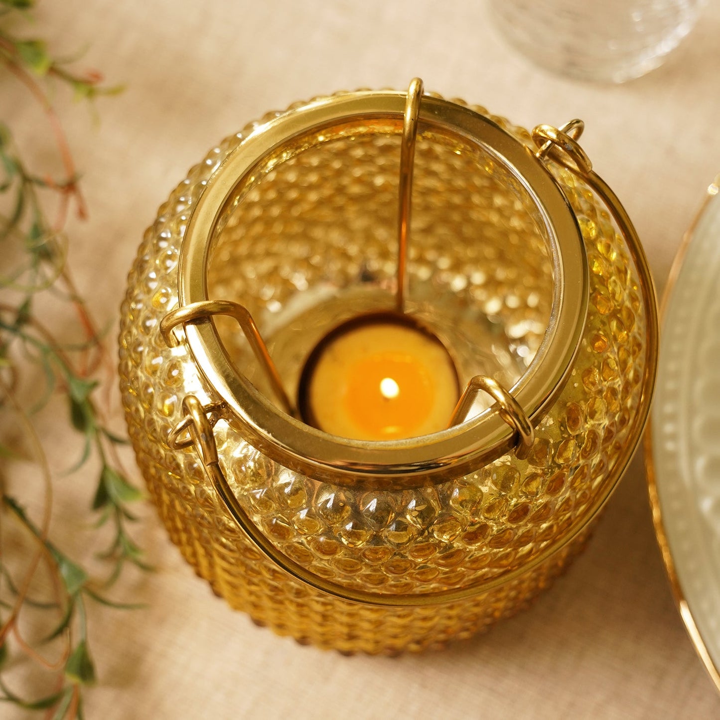 Gold Dotted Glass Tea Light Holder