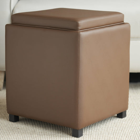 Brown Square Faux Leather Pouffe with Storage
