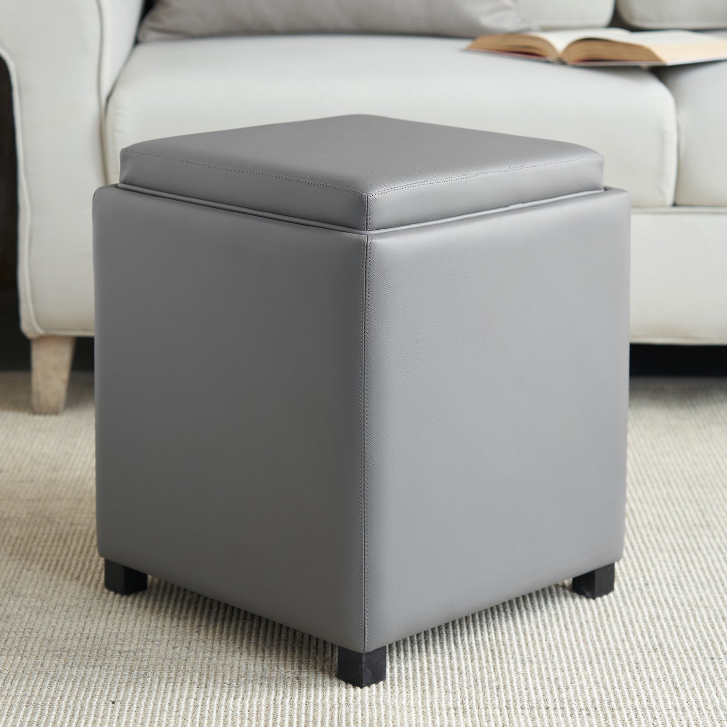 Grey Square Faux Leather Pouffe with Storage