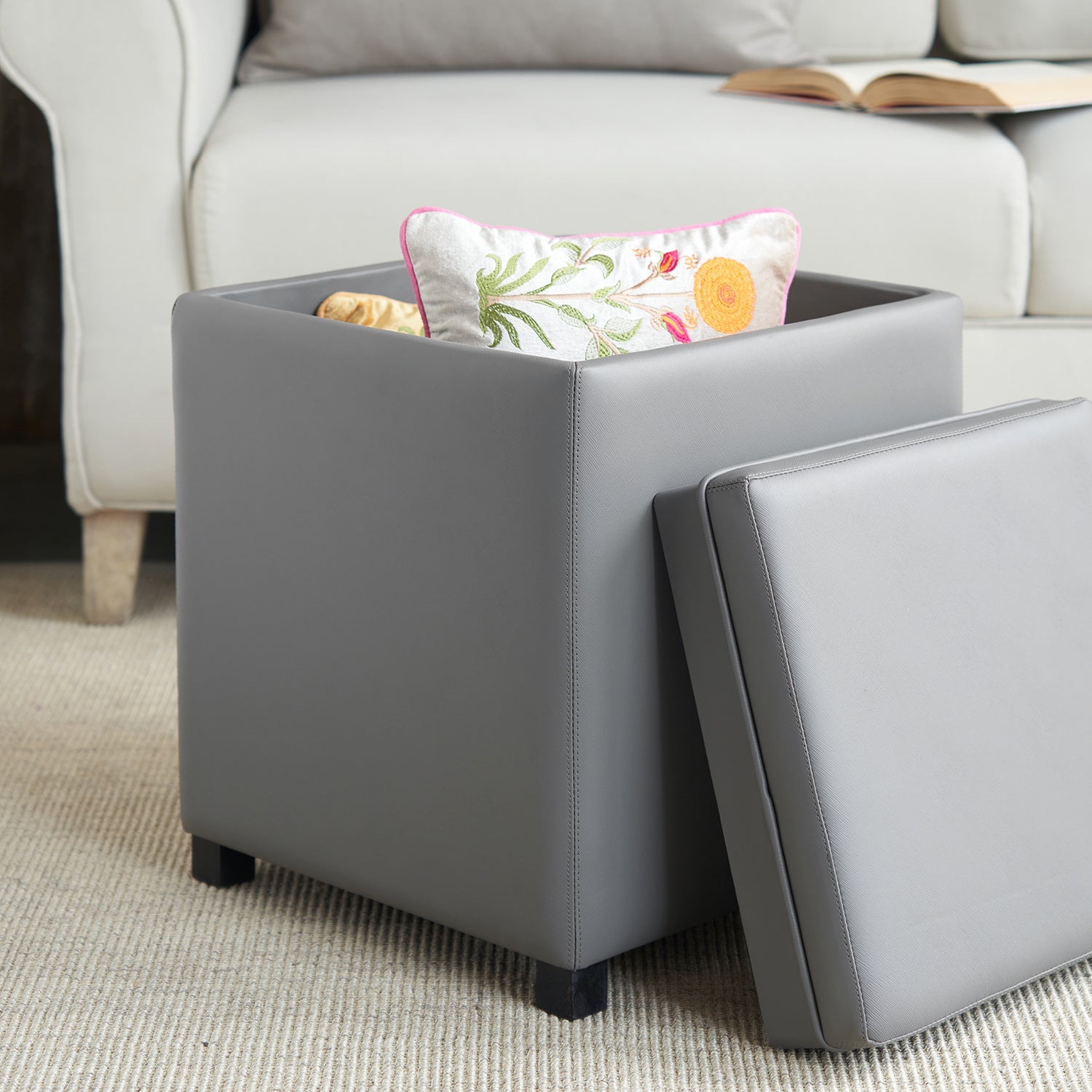 Grey Square Faux Leather Pouffe with Storage
