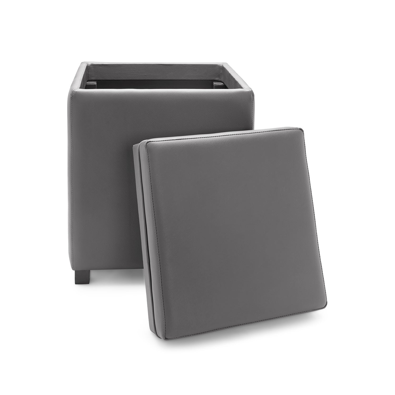 Grey Square Faux Leather Pouffe with Storage