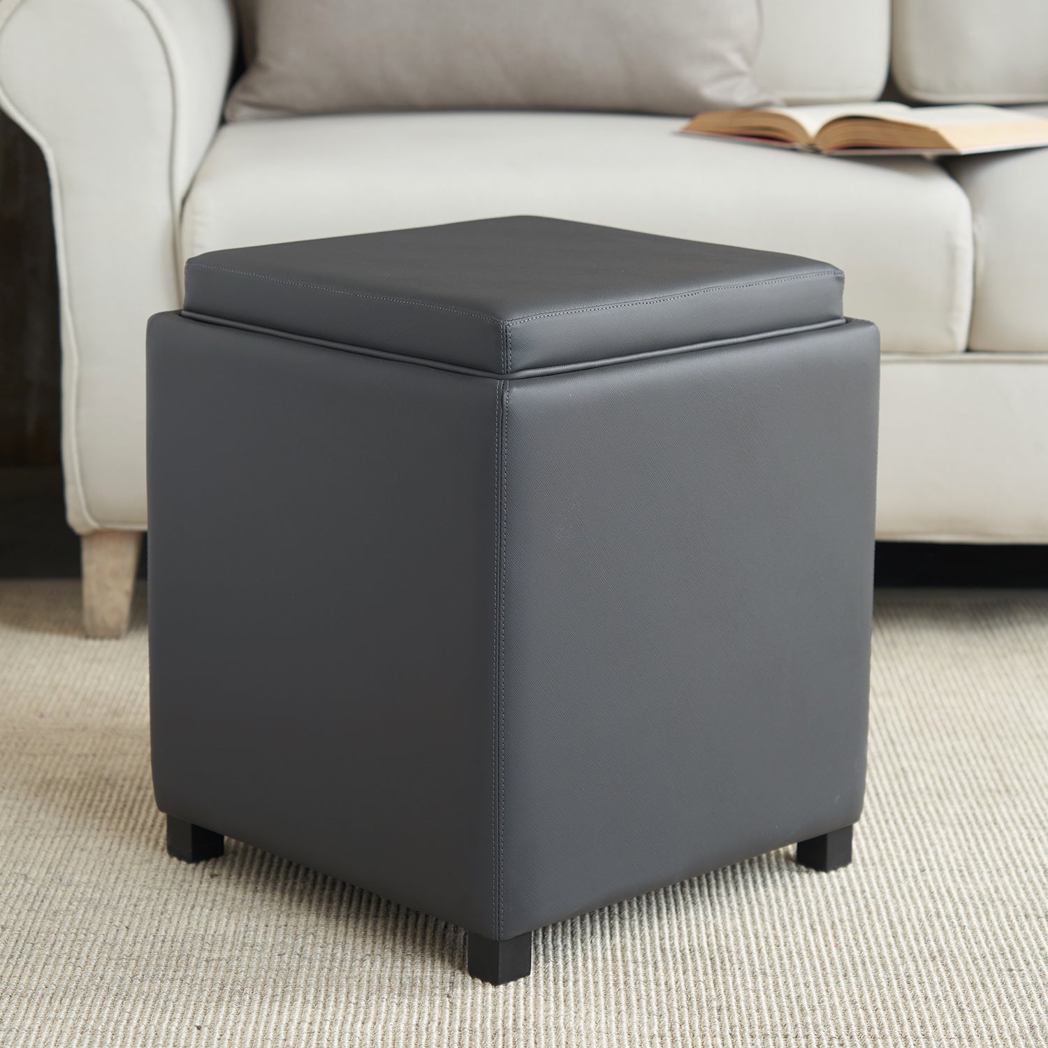 Dark Grey Square Faux Leather Pouffe with Storage