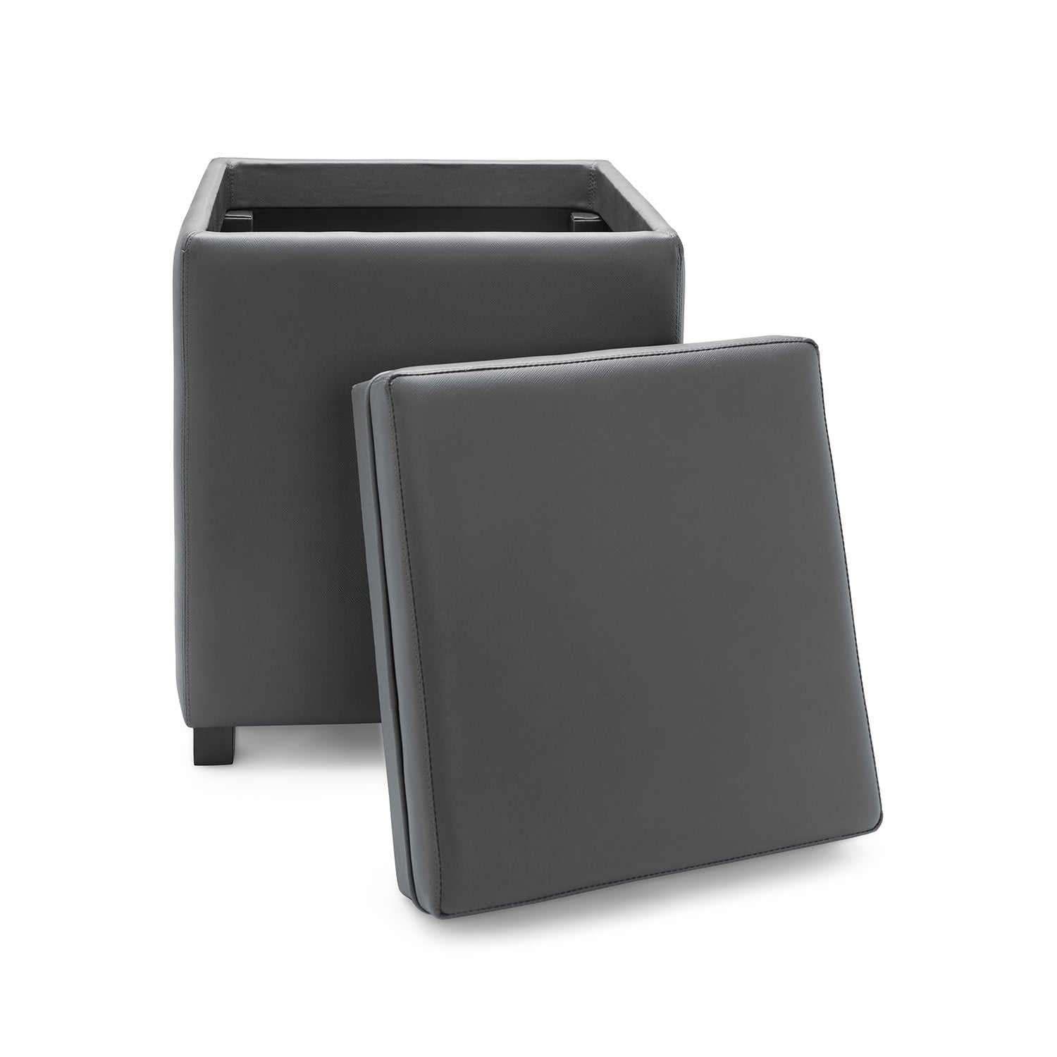 Dark Grey Square Faux Leather Pouffe with Storage
