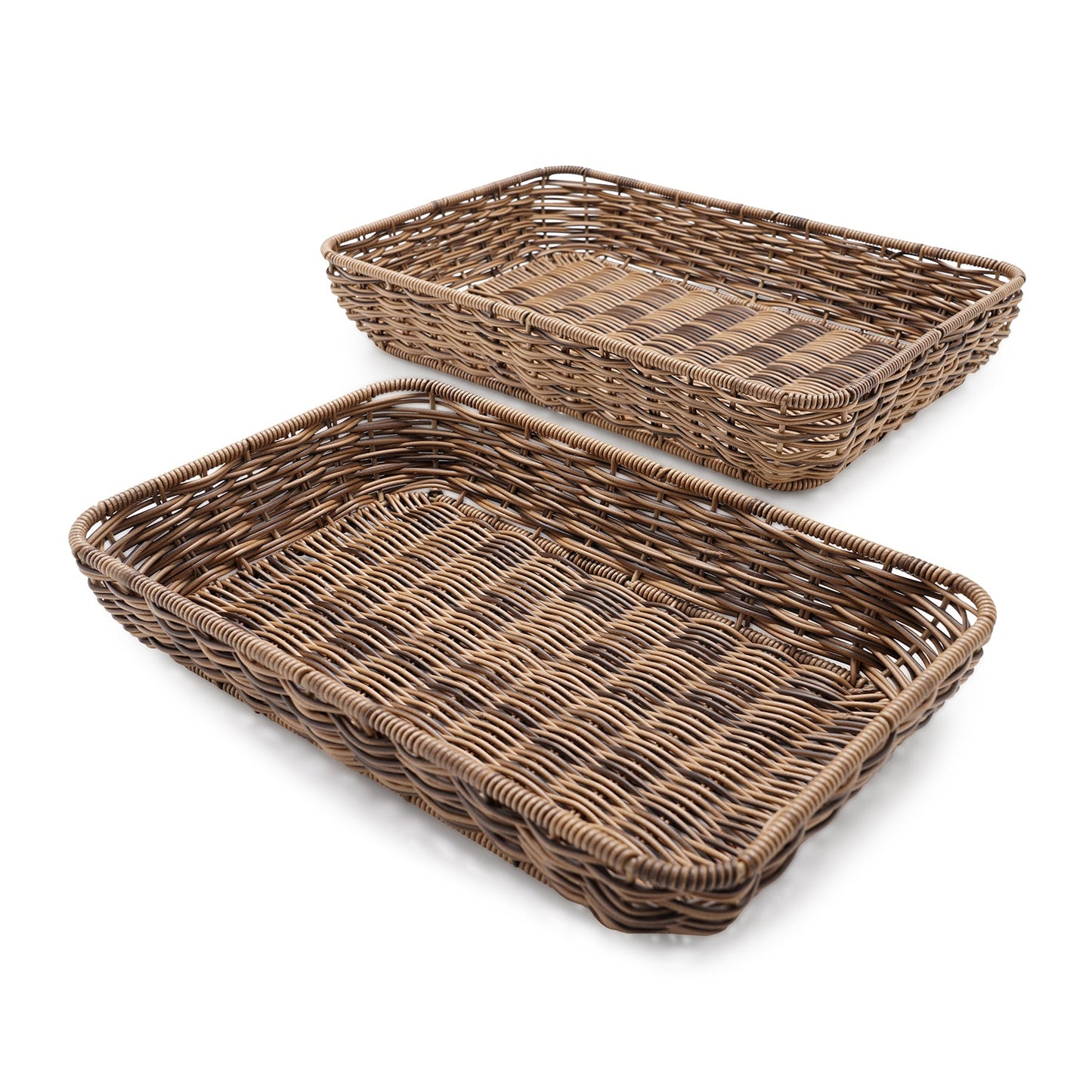 Set of 2 Light Brown Resin Wicker Trays スモール - 25×40×6CM, ラージ - 30×45×7CM