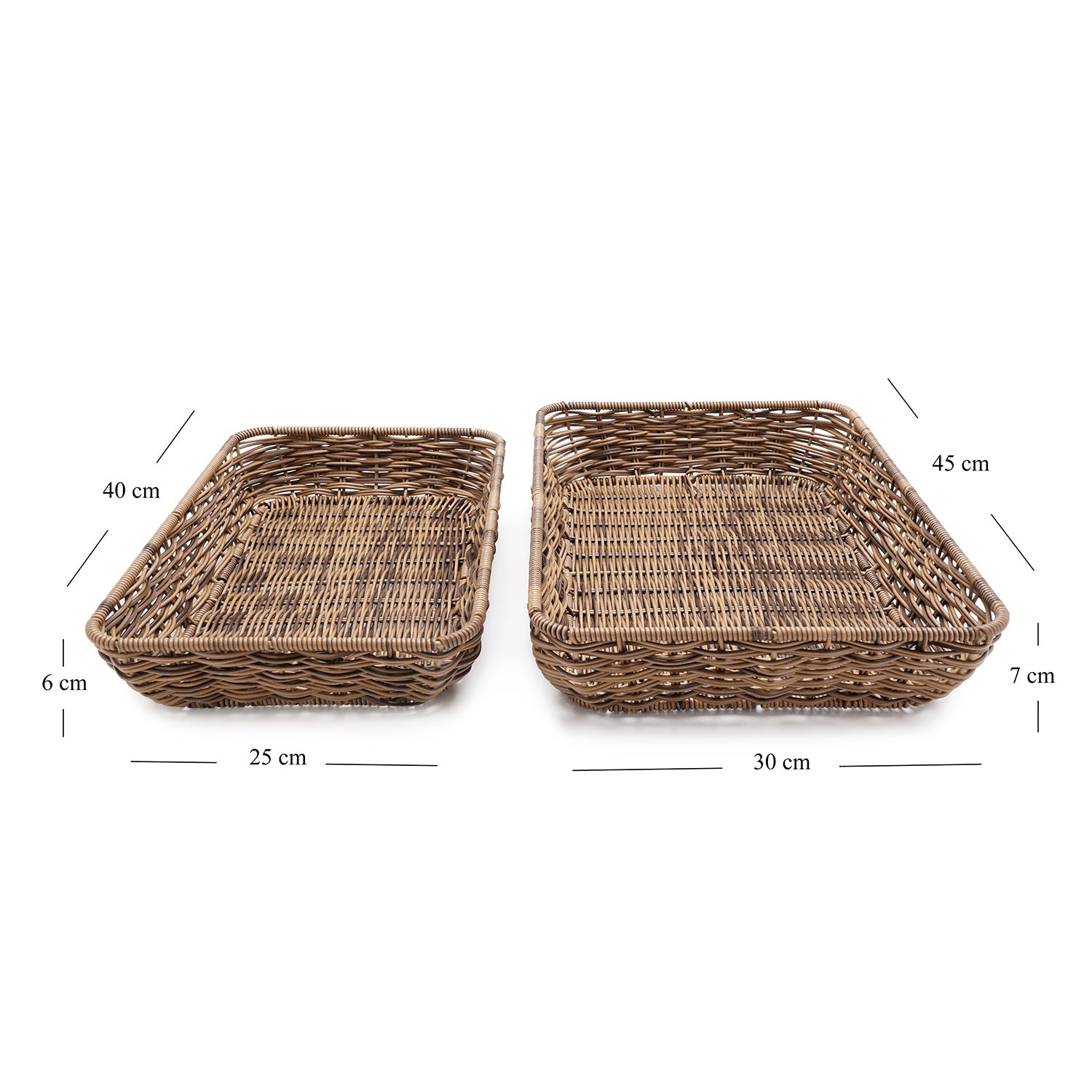 Set of 2 Light Brown Resin Wicker Trays スモール - 25×40×6CM, ラージ - 30×45×7CM