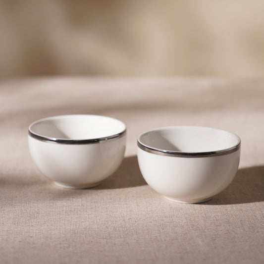 Set Of 2 White Small Bowls with Silver Line