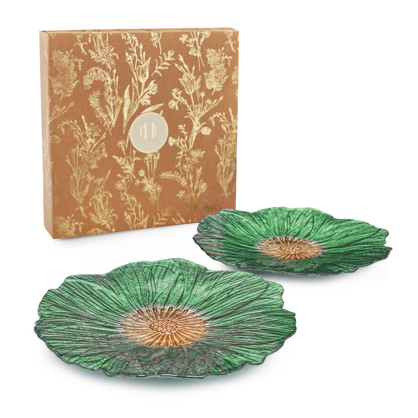 Set of 2 Green Floral Shaped Glass Dinner Plates