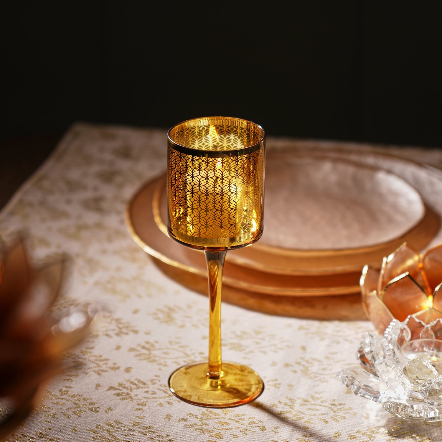 Gold Pattern Glass Stem Candle Holder