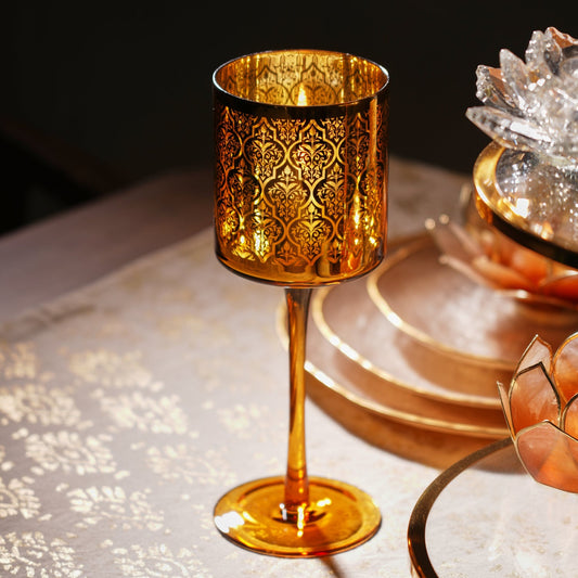 Gold Pattern Glass Stem Candle Holder