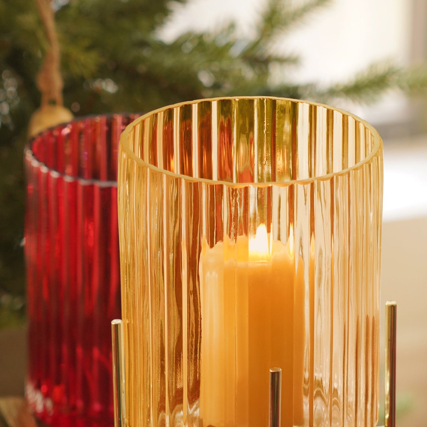 Light Brown Ribbed Hurricane with Metal Stand - Large