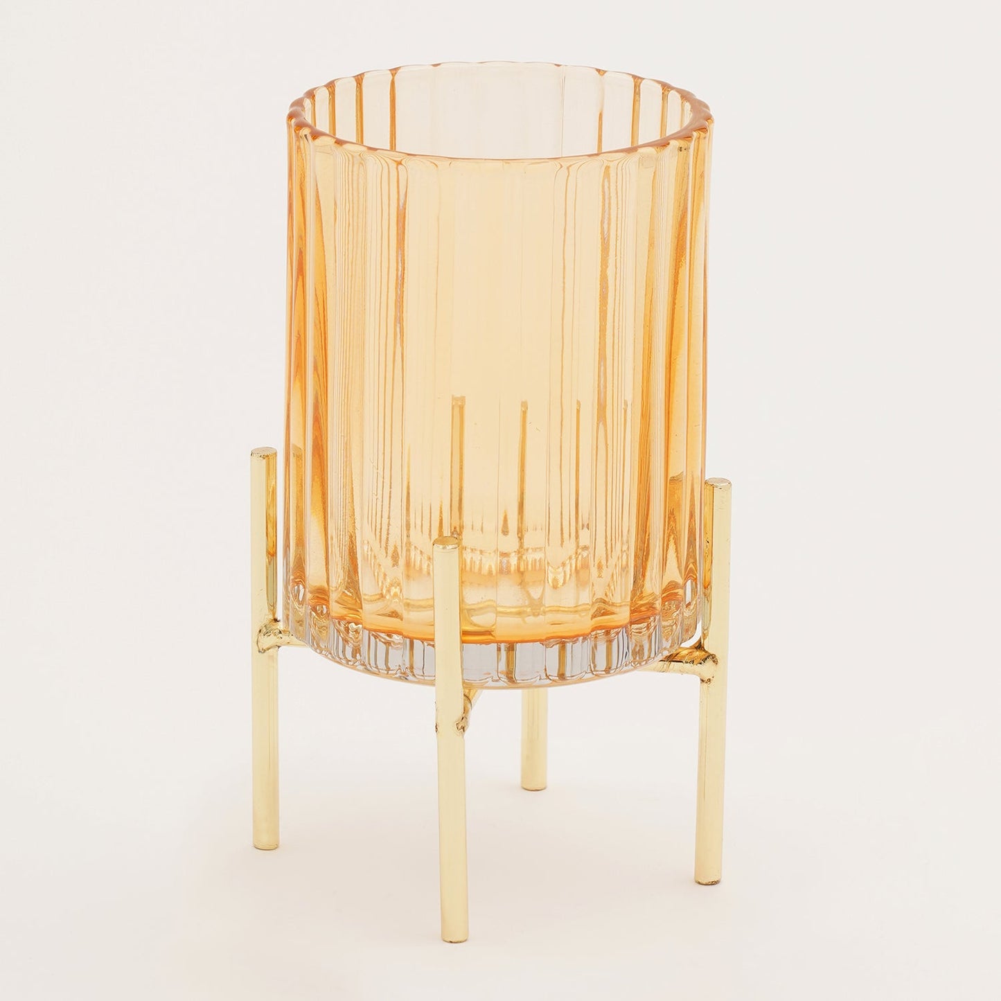 Light Brown Ribbed Hurricane with Metal Stand - Large