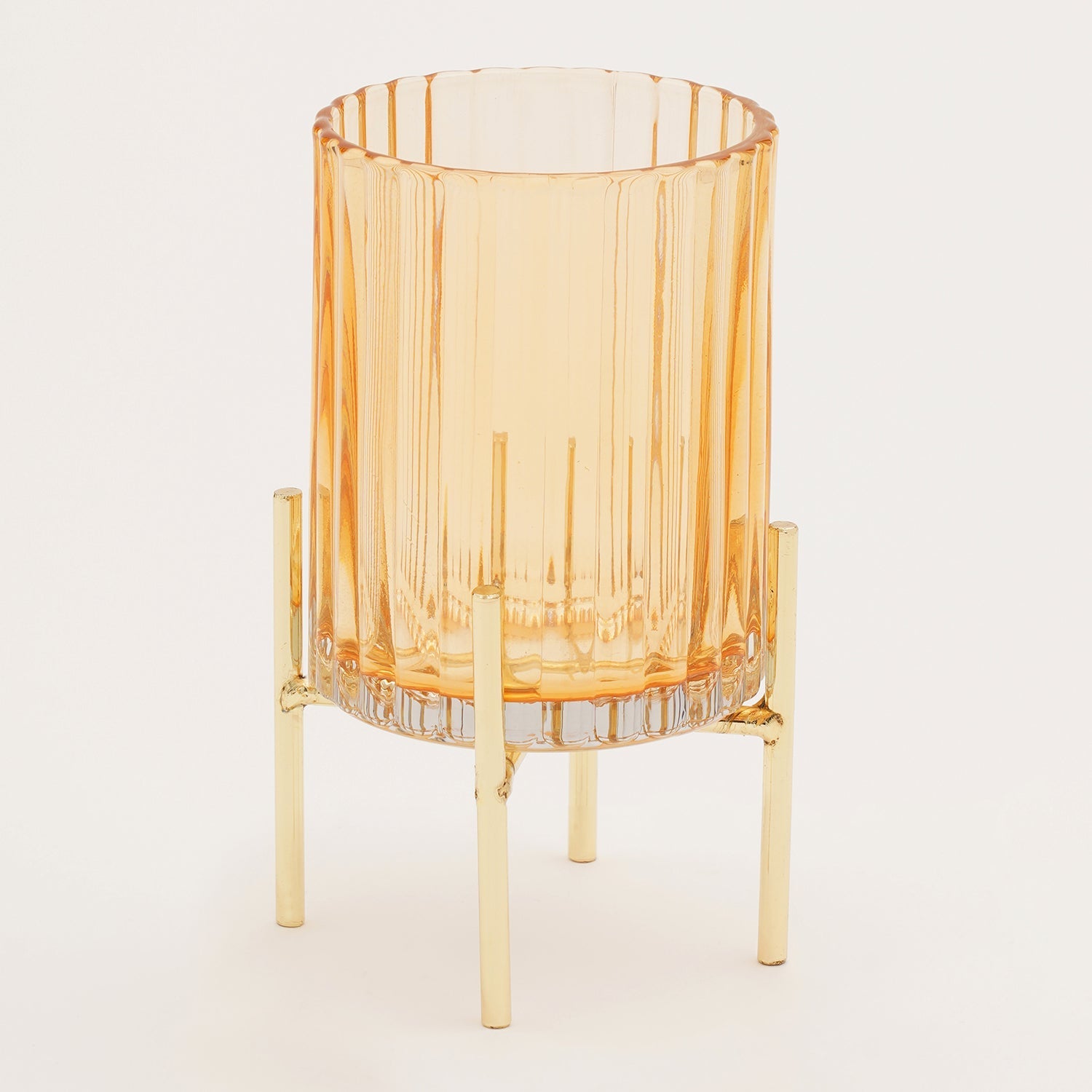 Light Brown Ribbed Hurricane with Metal Stand - Large