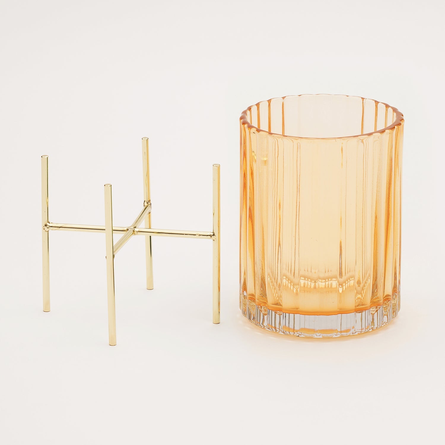 Light Brown Ribbed Hurricane with Metal Stand - Large