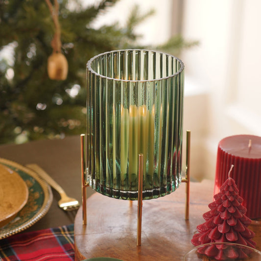Green Ribbed Glass Hurricane With Metal Stand - Large
