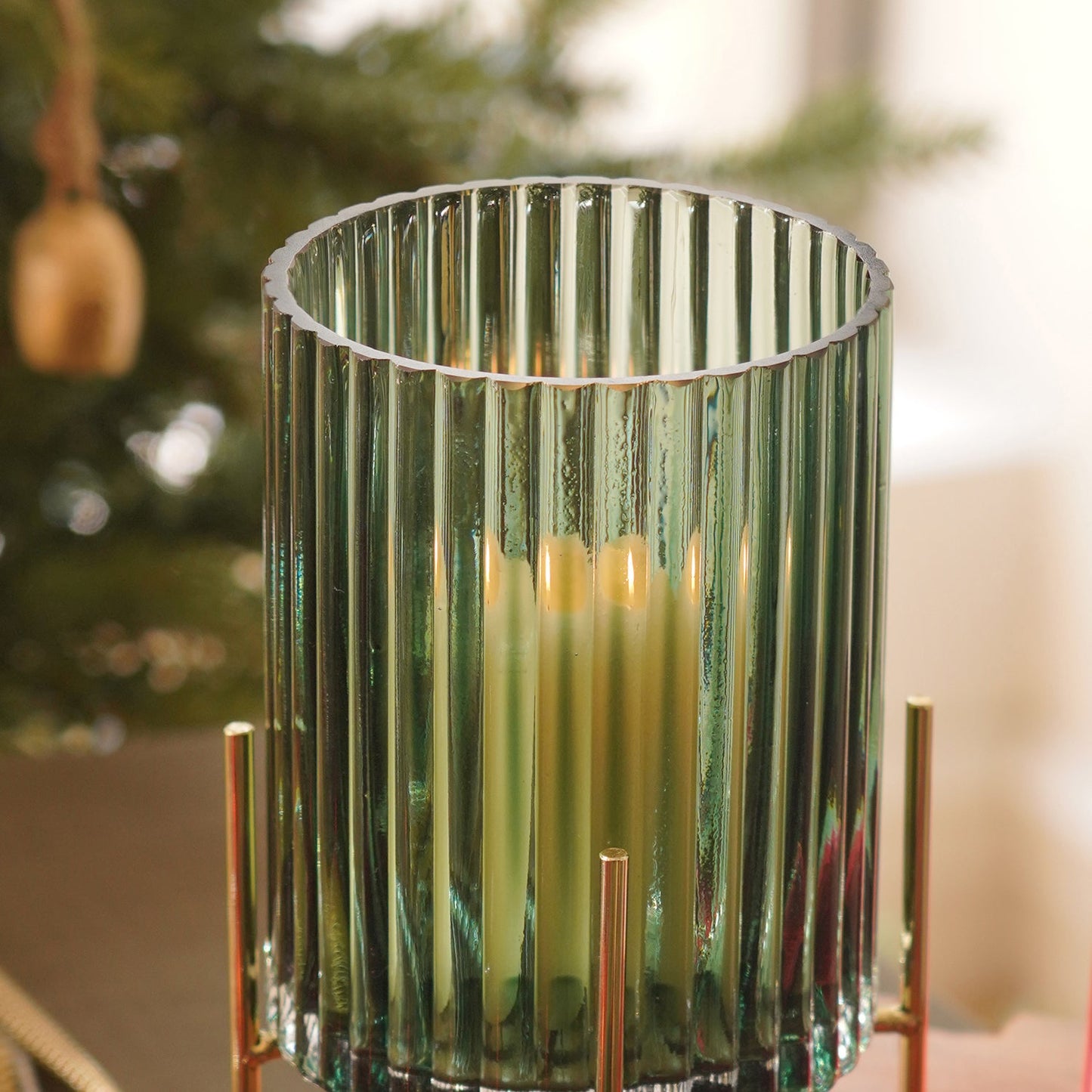 Green Ribbed Glass Hurricane With Metal Stand - Large