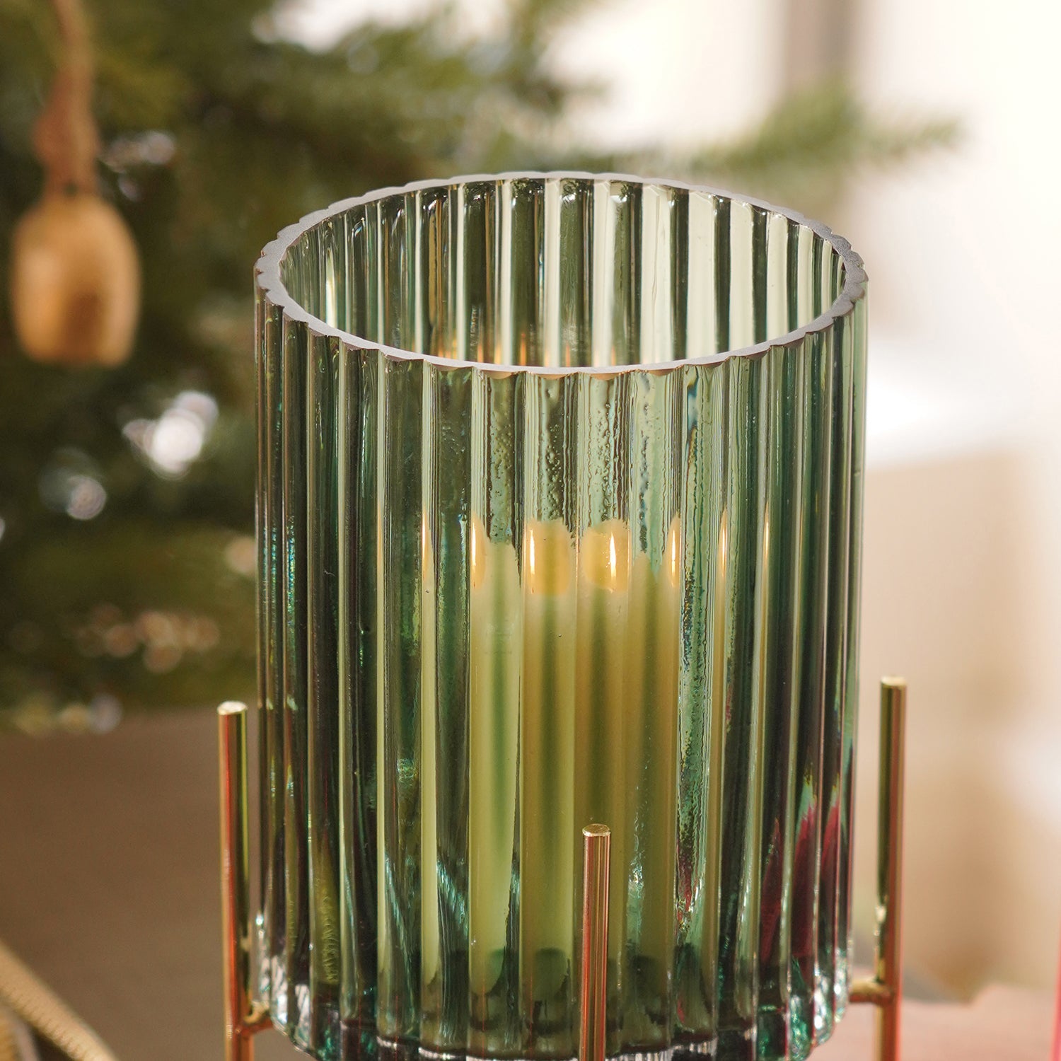 Green Ribbed Glass Hurricane With Metal Stand - Large