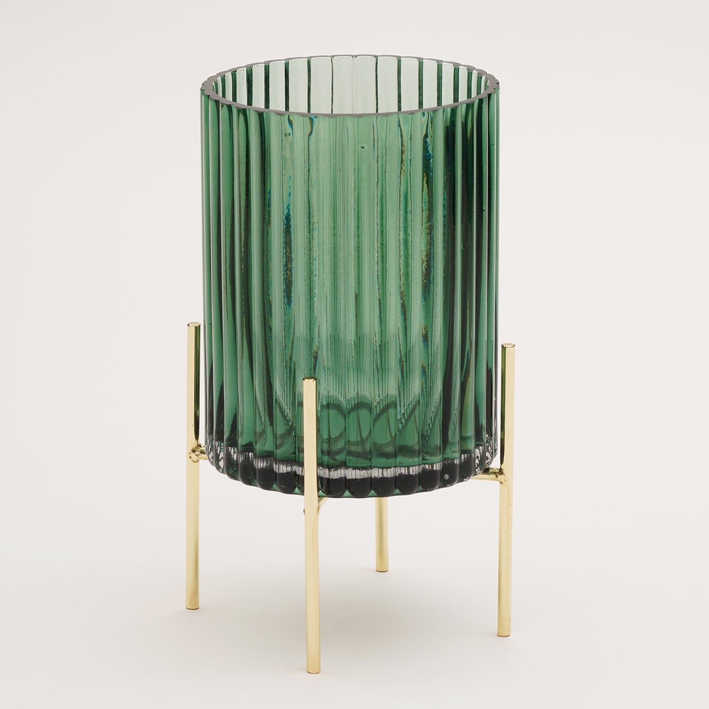 Green Ribbed Glass Hurricane With Metal Stand - Large