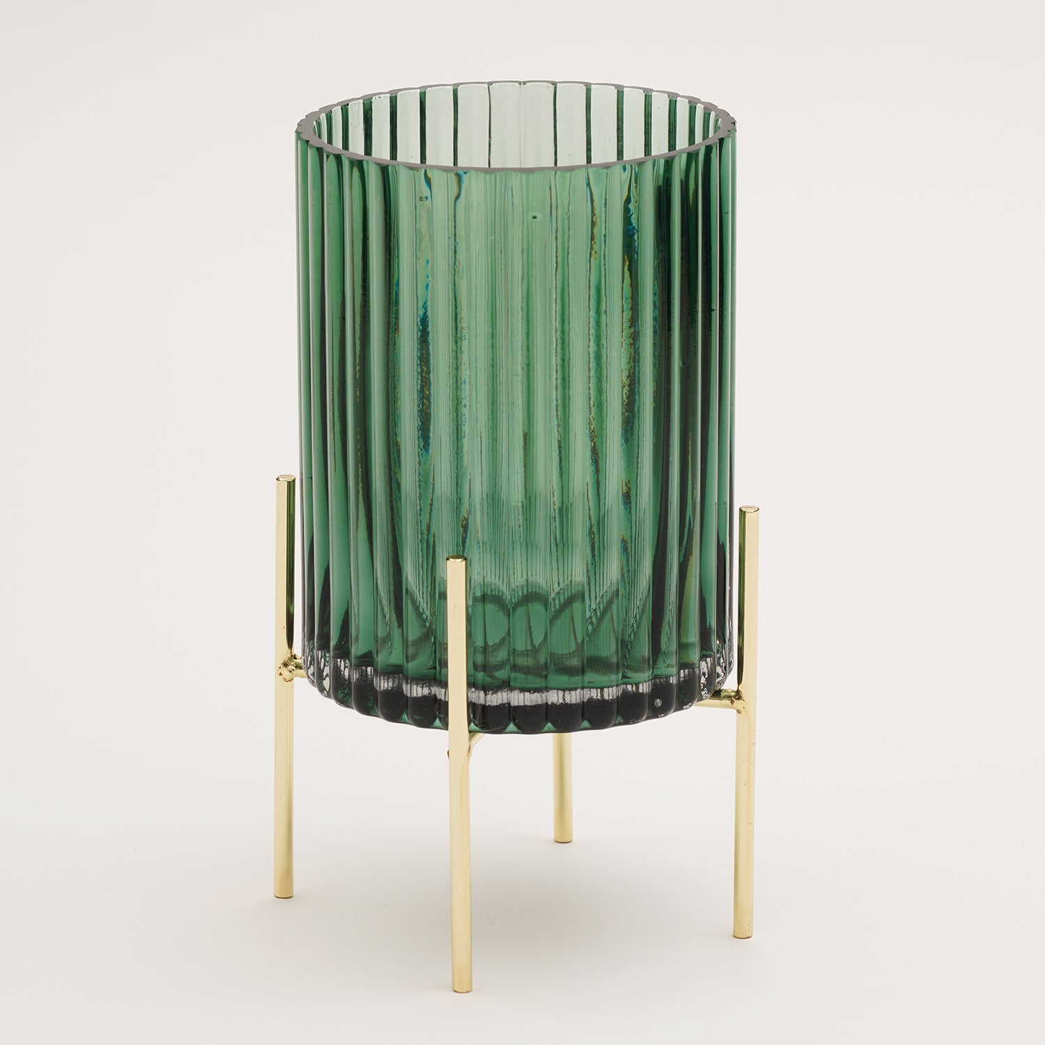 Green Ribbed Glass Hurricane With Metal Stand - Large