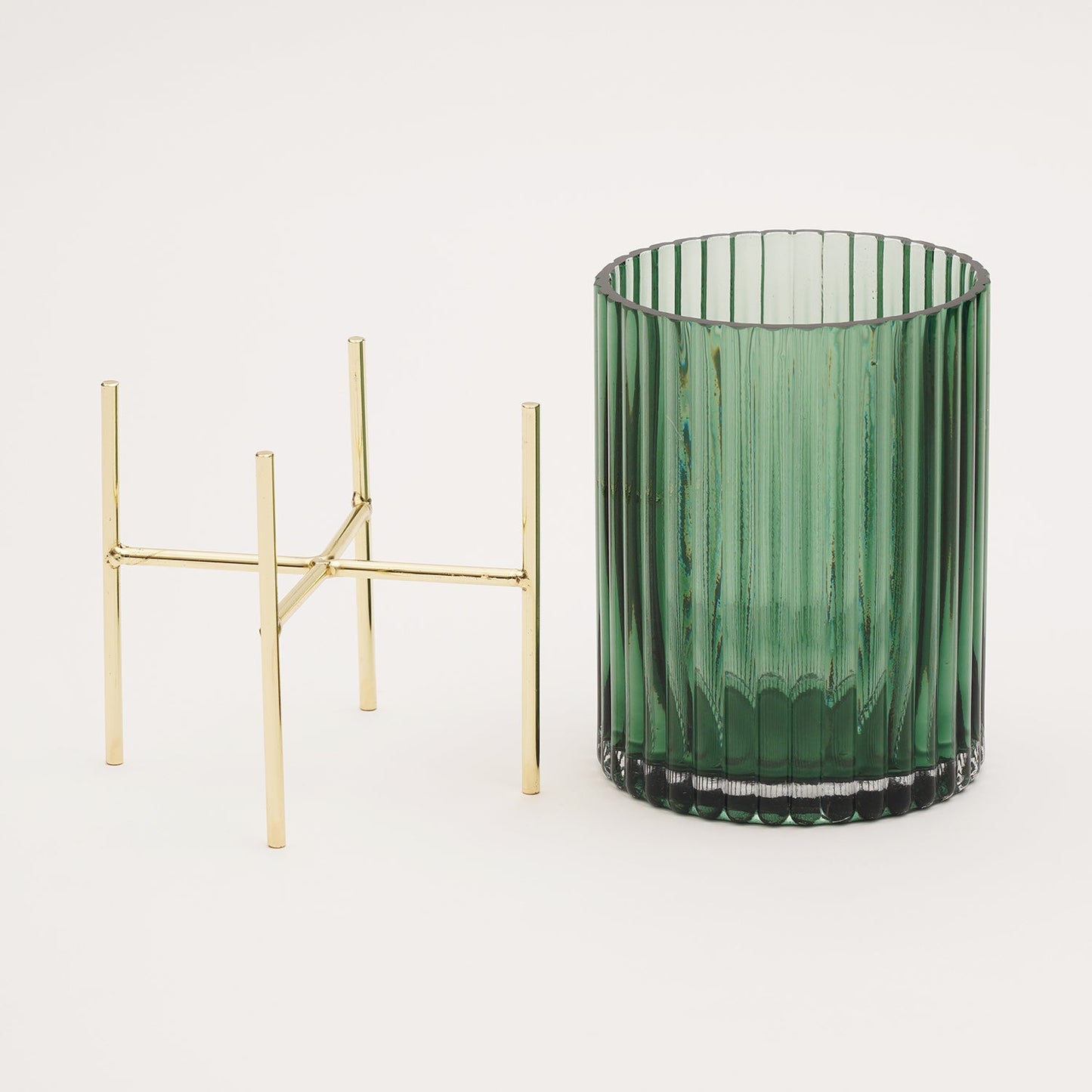 Green Ribbed Glass Hurricane With Metal Stand - Large