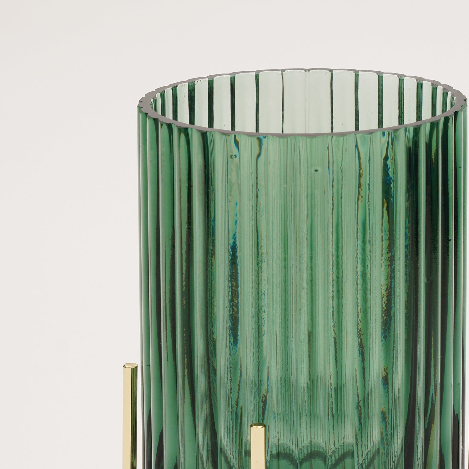 Green Ribbed Glass Hurricane With Metal Stand - Large