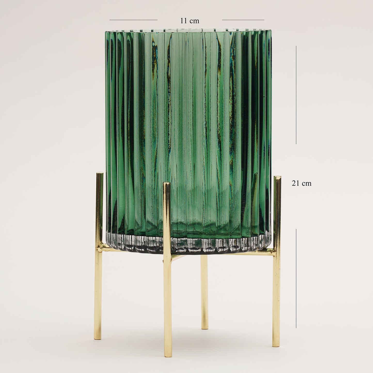 Green Ribbed Glass Hurricane With Metal Stand - Large