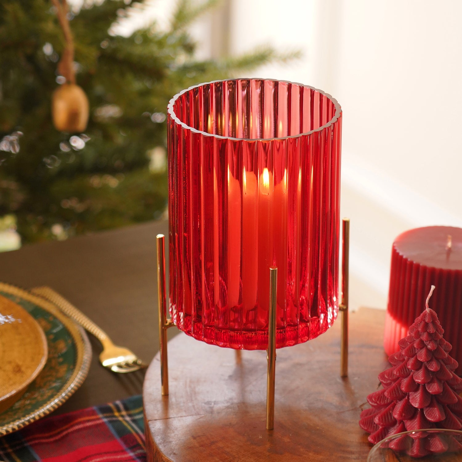 Red Ribbed Glass Hurricane With Metal Stand - Large
