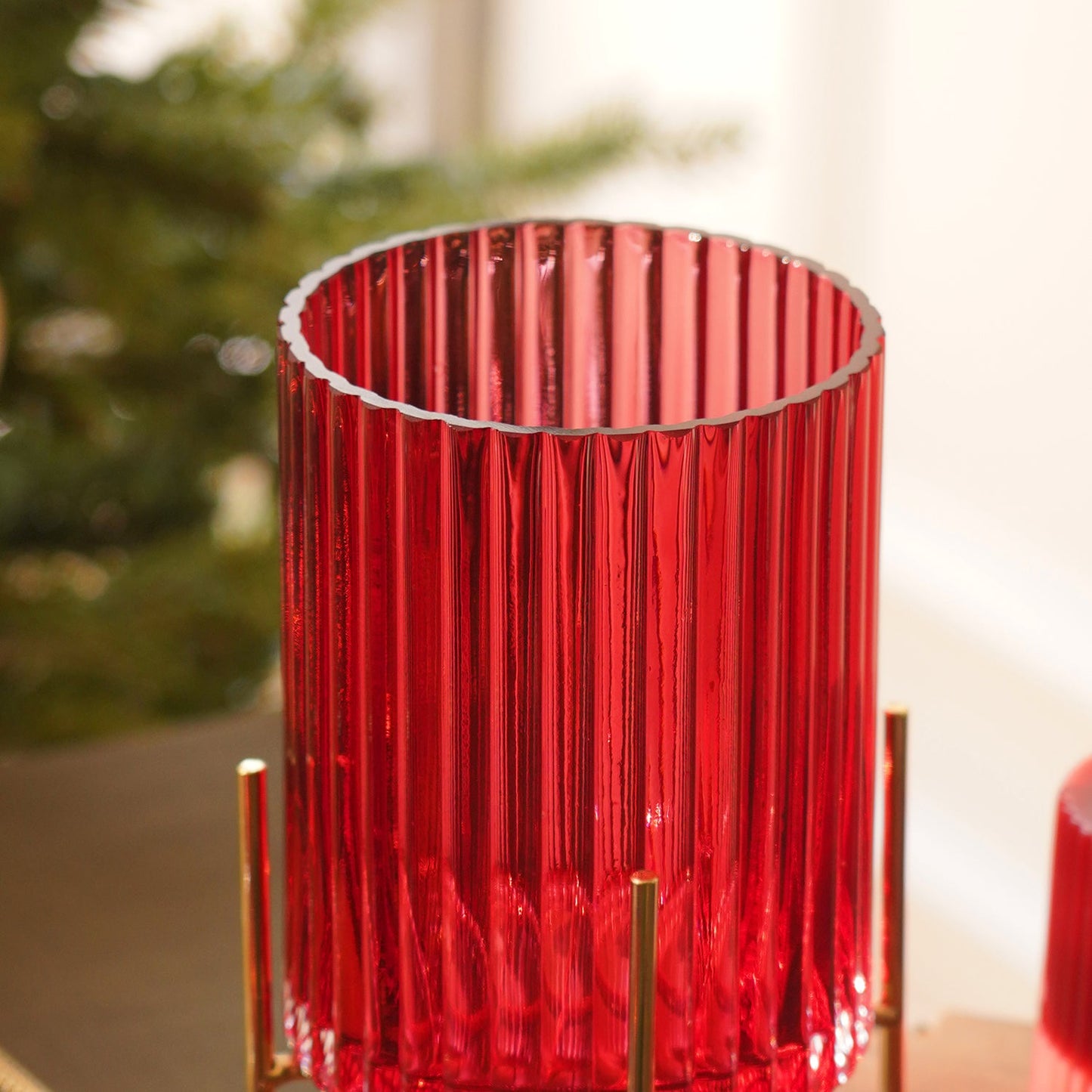 Red Ribbed Glass Hurricane With Metal Stand - Large
