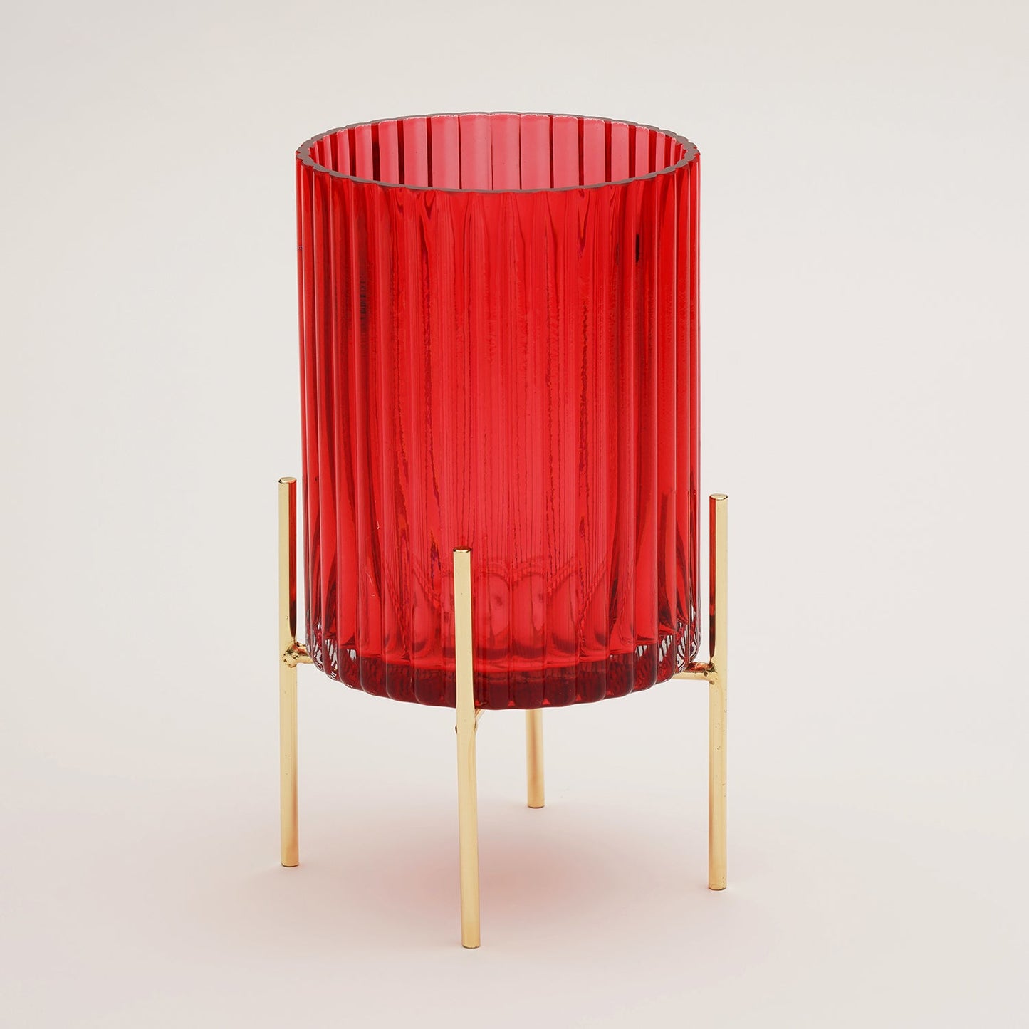 Red Ribbed Glass Hurricane With Metal Stand - Large