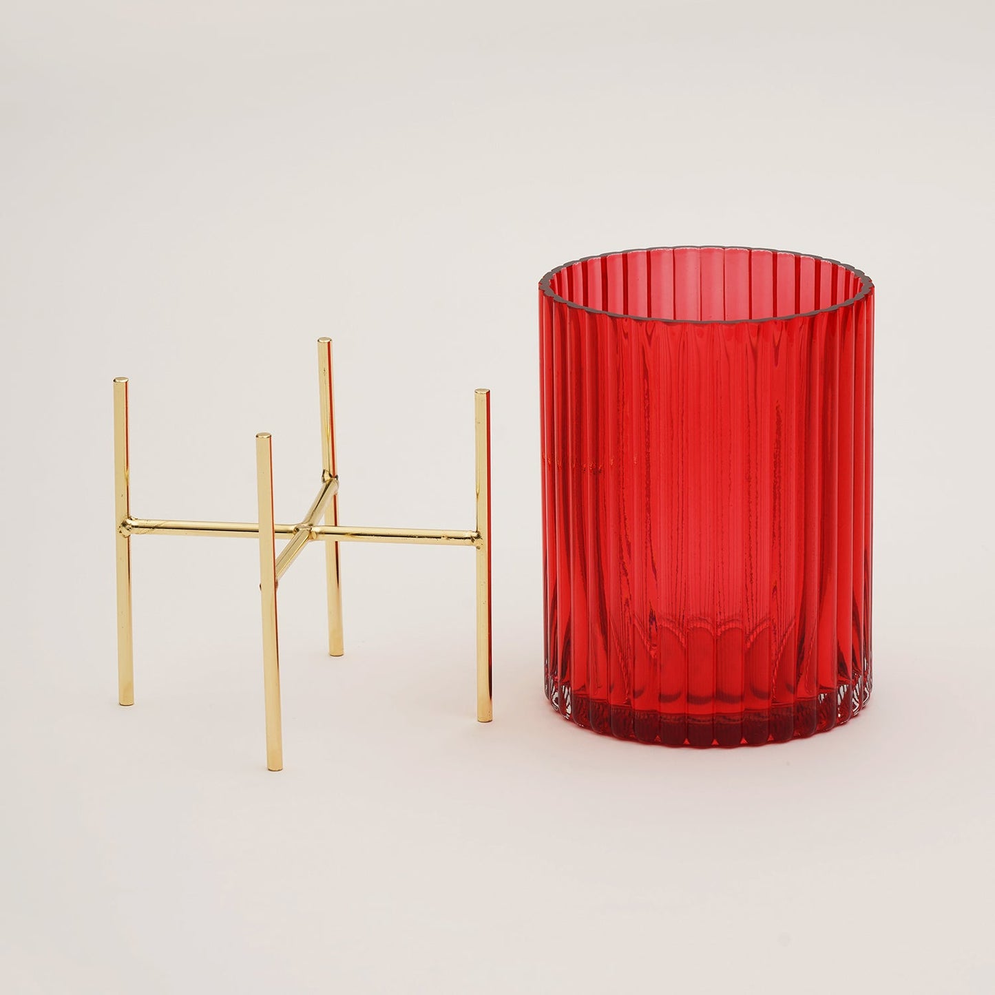Red Ribbed Glass Hurricane With Metal Stand - Large