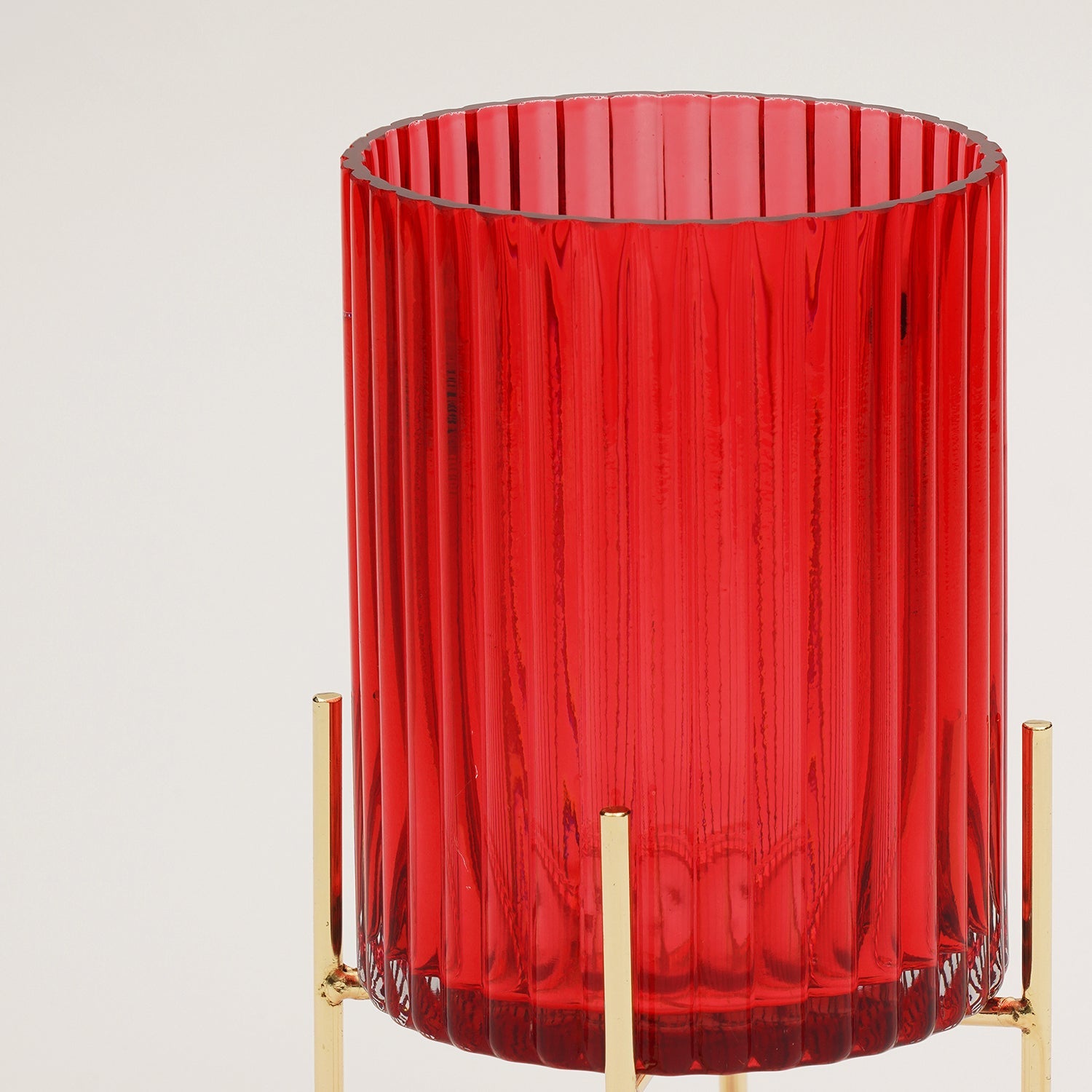 Red Ribbed Glass Hurricane With Metal Stand - Large