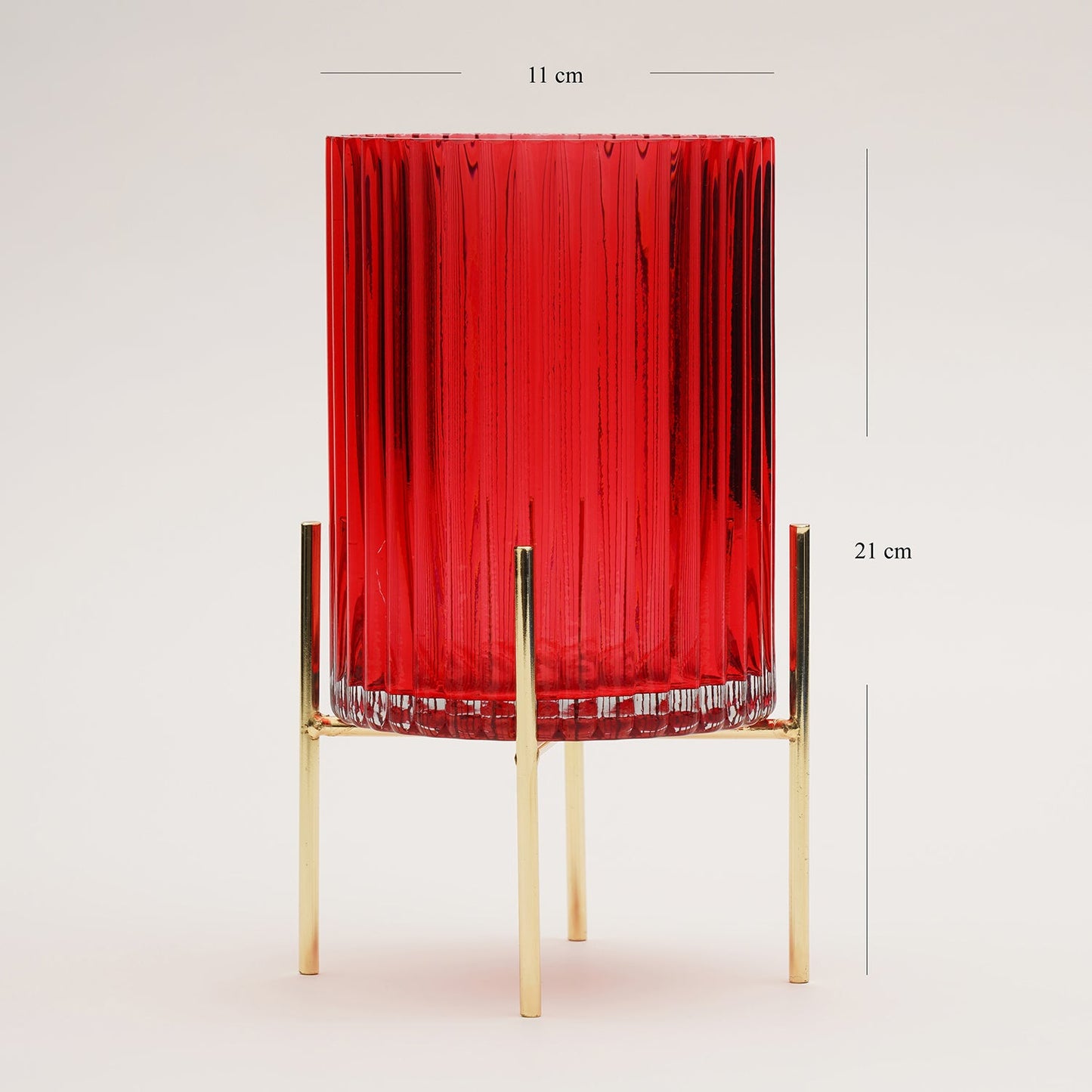 Red Ribbed Glass Hurricane With Metal Stand - Large