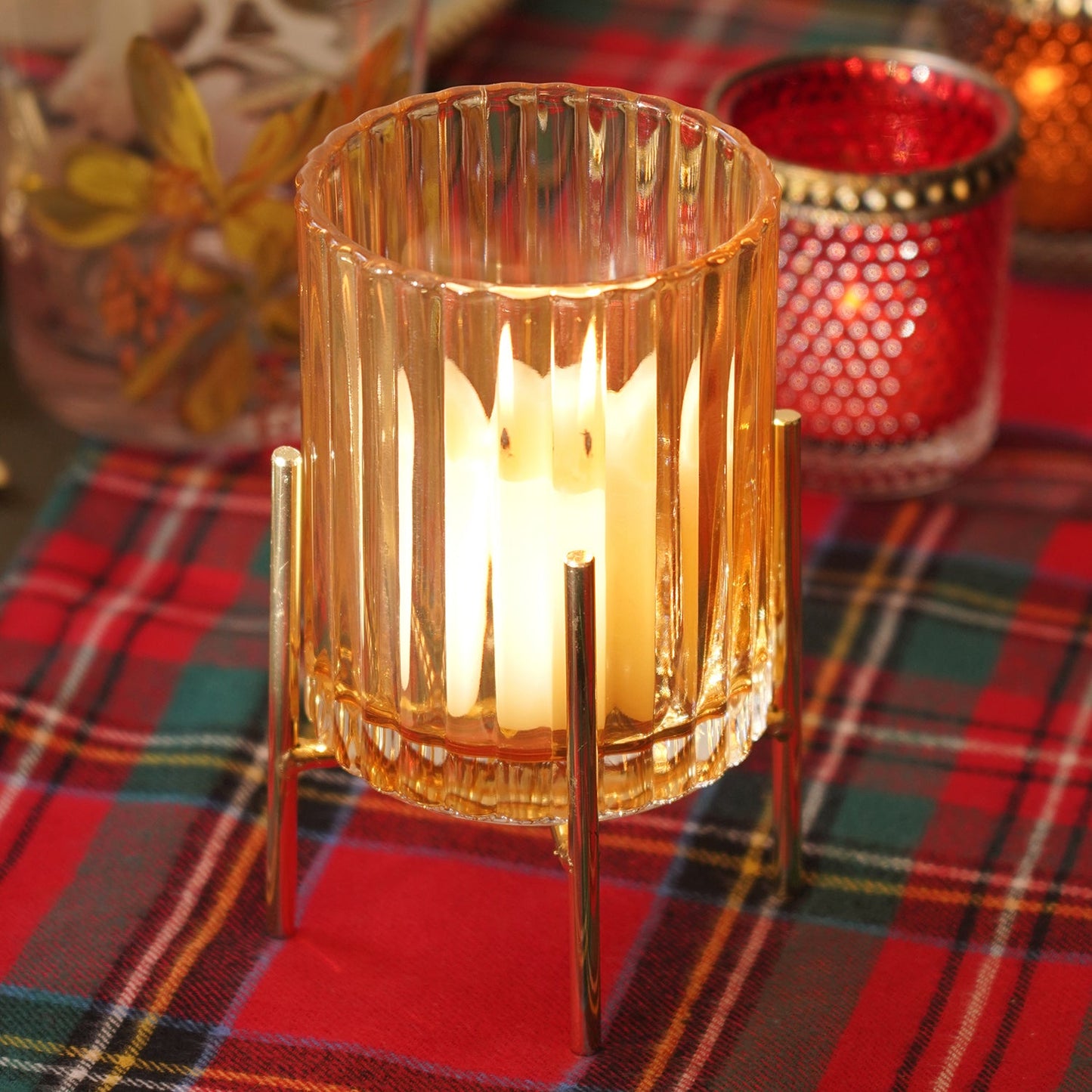 Light Brown Ribbed Hurricane with Metal Stand - Small