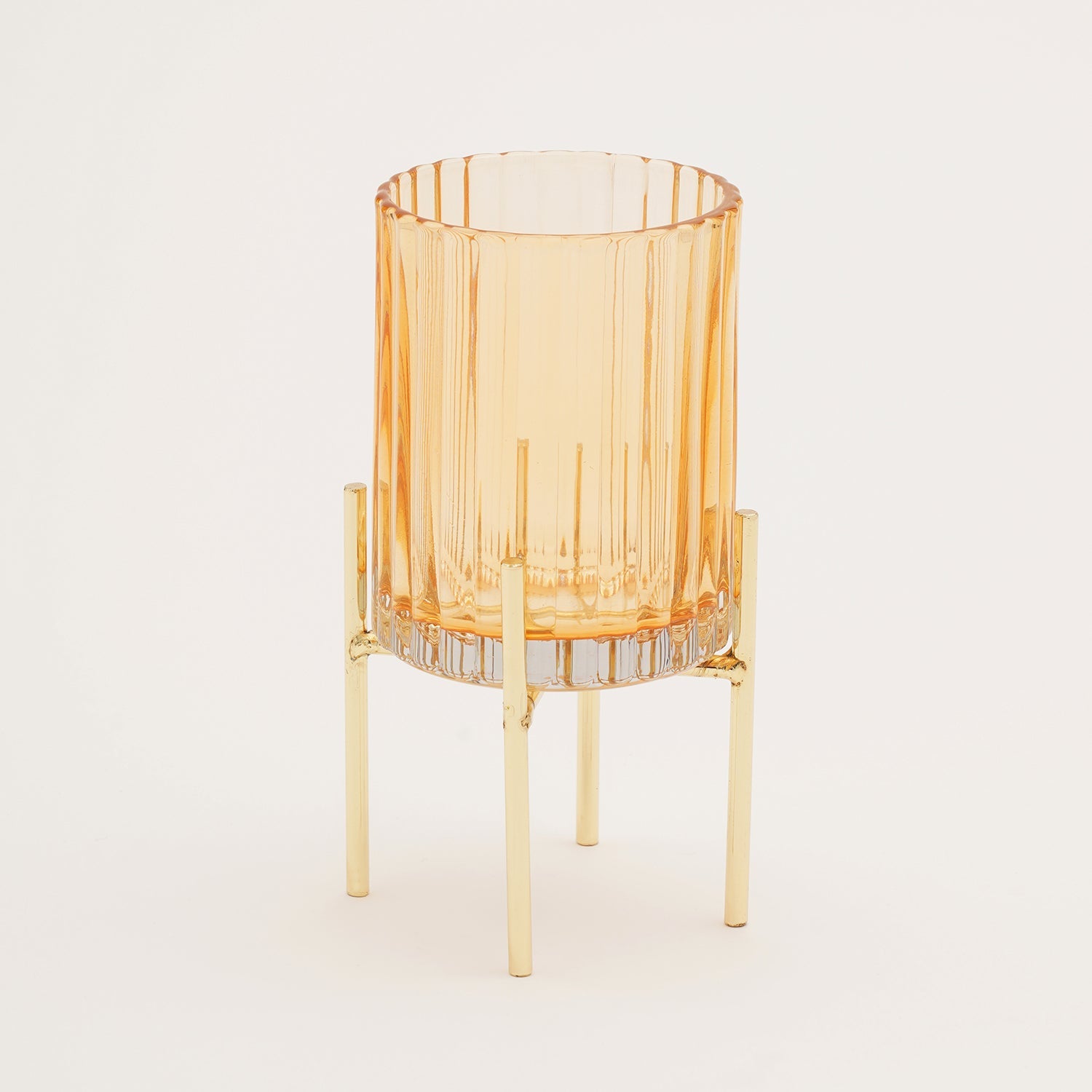 Light Brown Ribbed Hurricane with Metal Stand - Small
