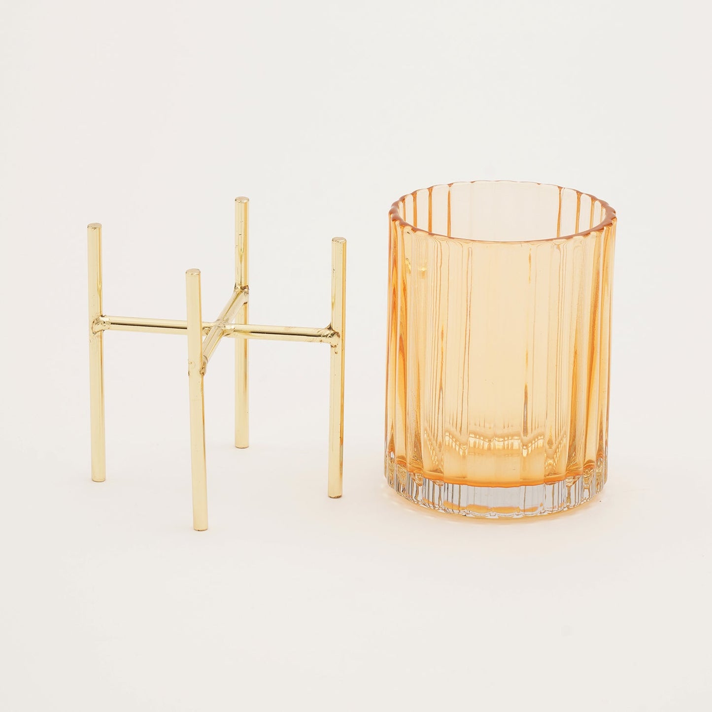 Light Brown Ribbed Hurricane with Metal Stand - Small