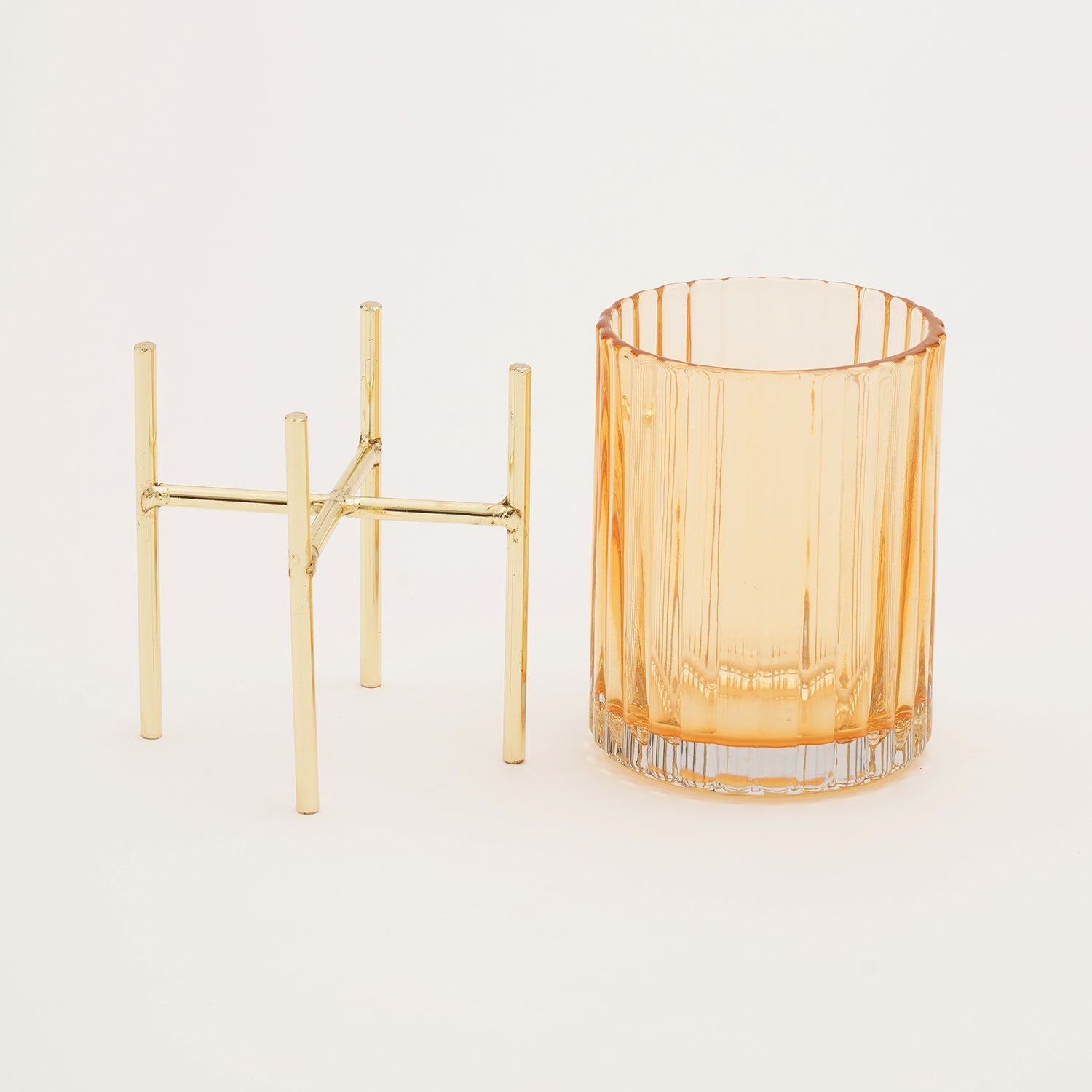 Light Brown Ribbed Hurricane with Metal Stand - Small