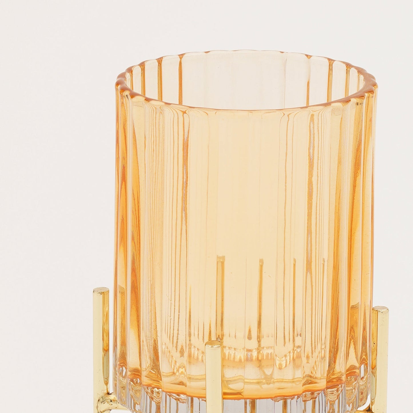 Light Brown Ribbed Hurricane with Metal Stand - Small