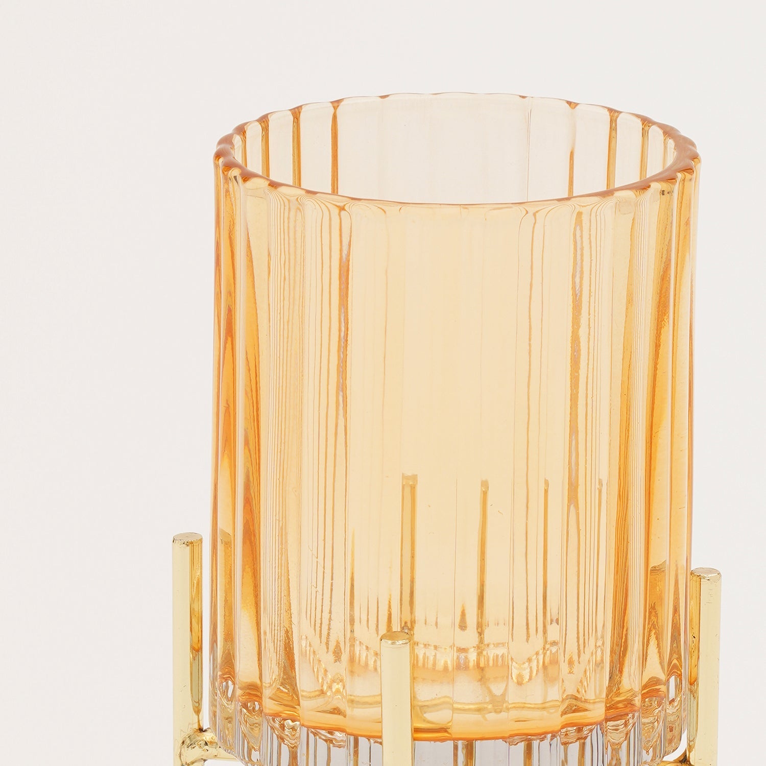 Light Brown Ribbed Hurricane with Metal Stand - Small