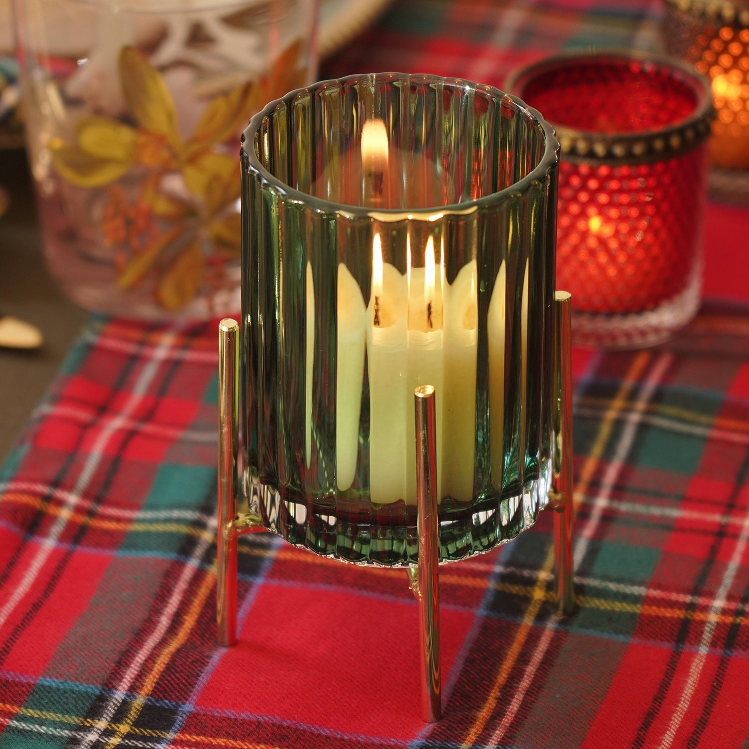 Green Ribbed Glass Hurricane With Metal Stand - Small