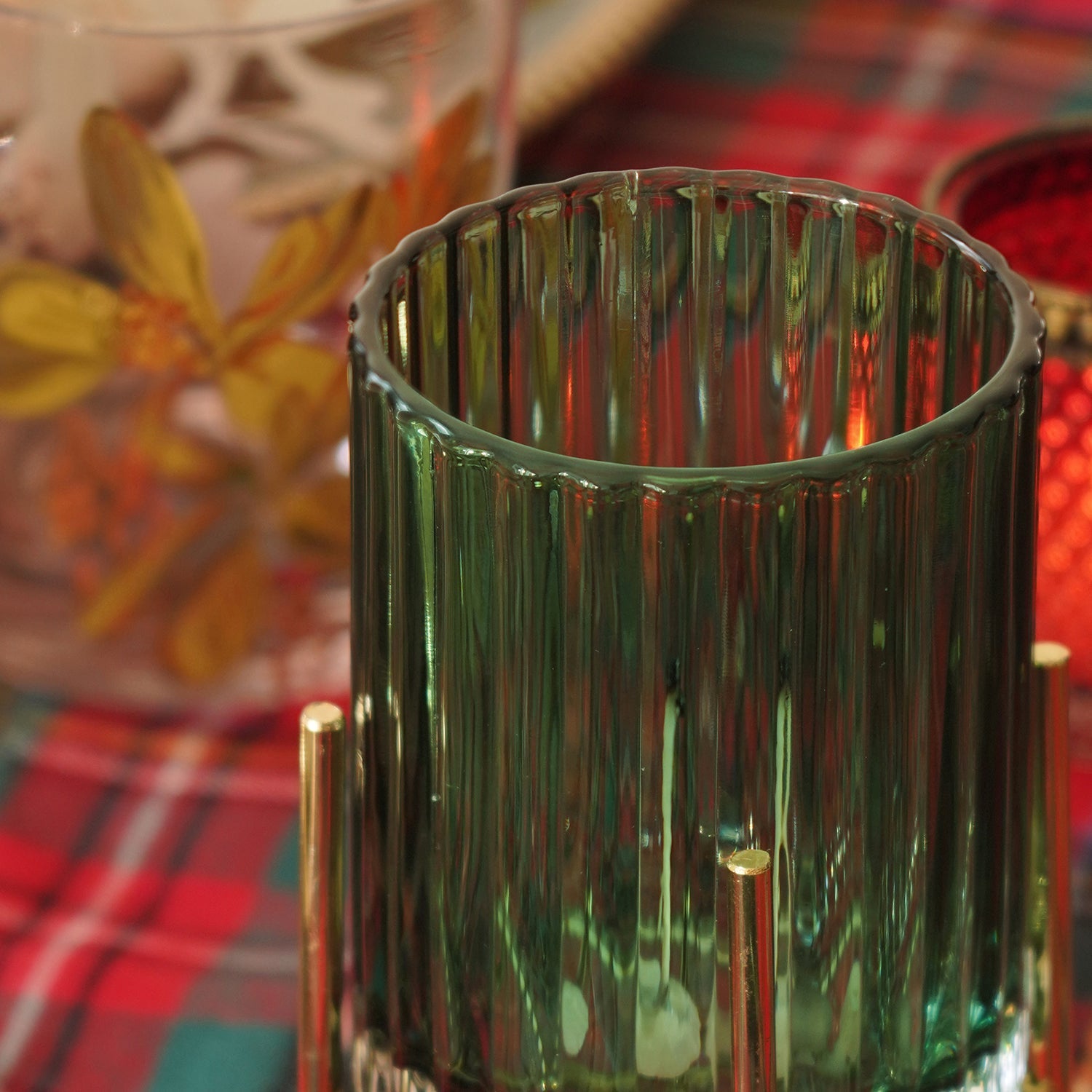 Green Ribbed Glass Hurricane With Metal Stand - Small