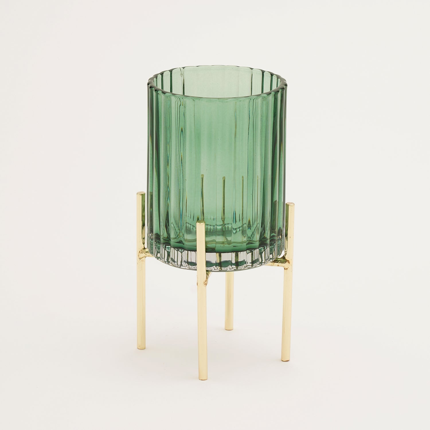 Green Ribbed Glass Hurricane With Metal Stand - Small