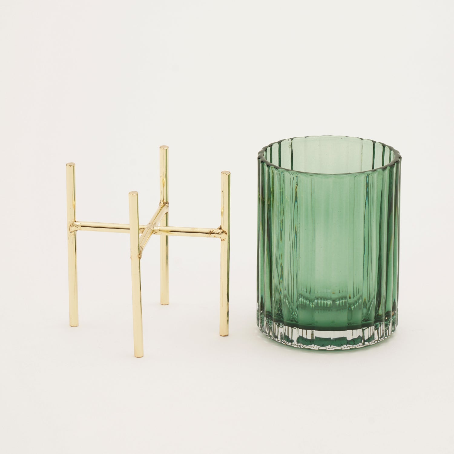 Green Ribbed Glass Hurricane With Metal Stand - Small