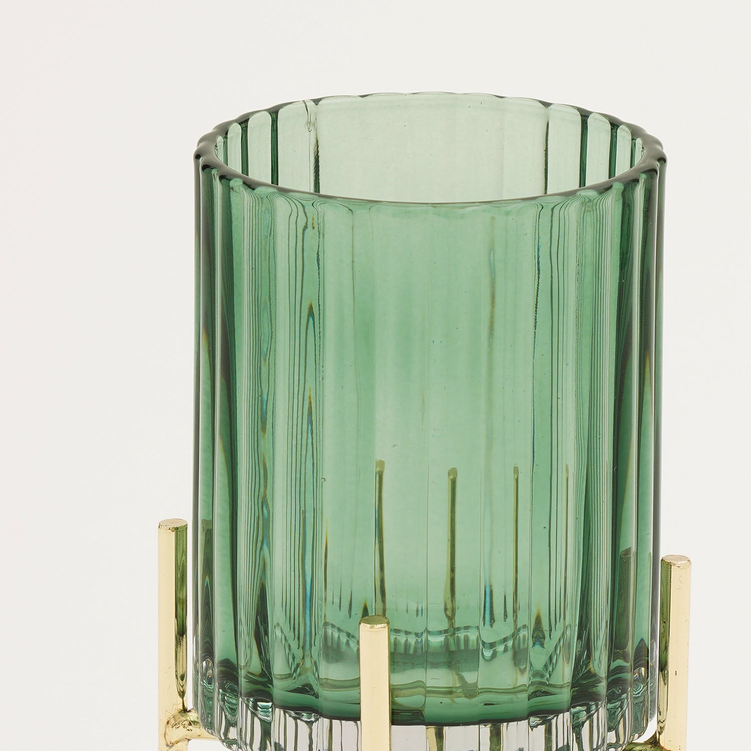 Green Ribbed Glass Hurricane With Metal Stand - Small