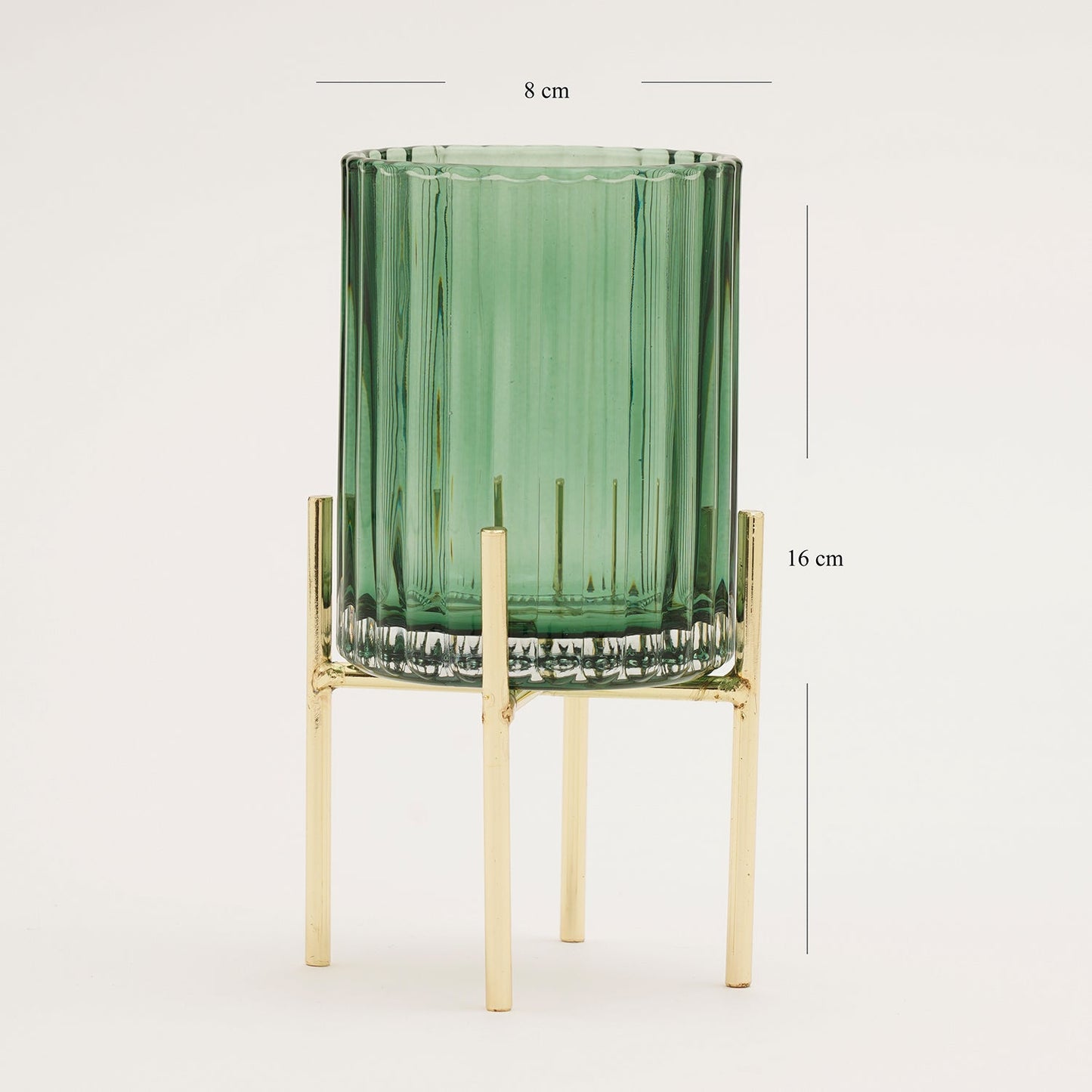 Green Ribbed Glass Hurricane With Metal Stand - Small