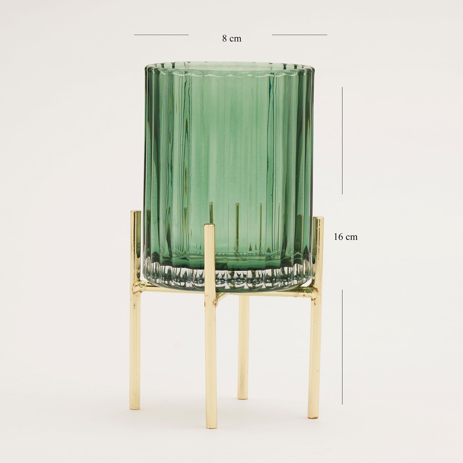 Green Ribbed Glass Hurricane With Metal Stand - Small
