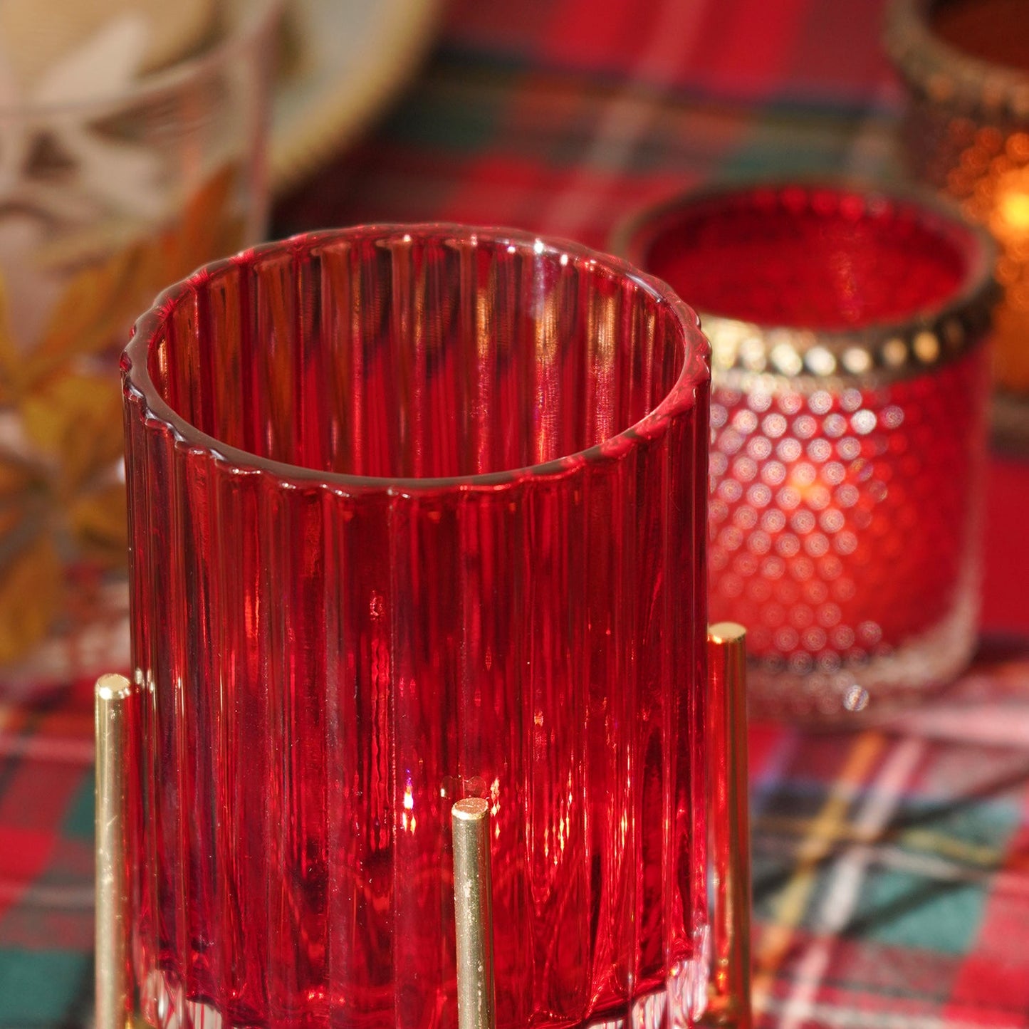 Red Ribbed Glass Hurricane With Metal Stand - Small