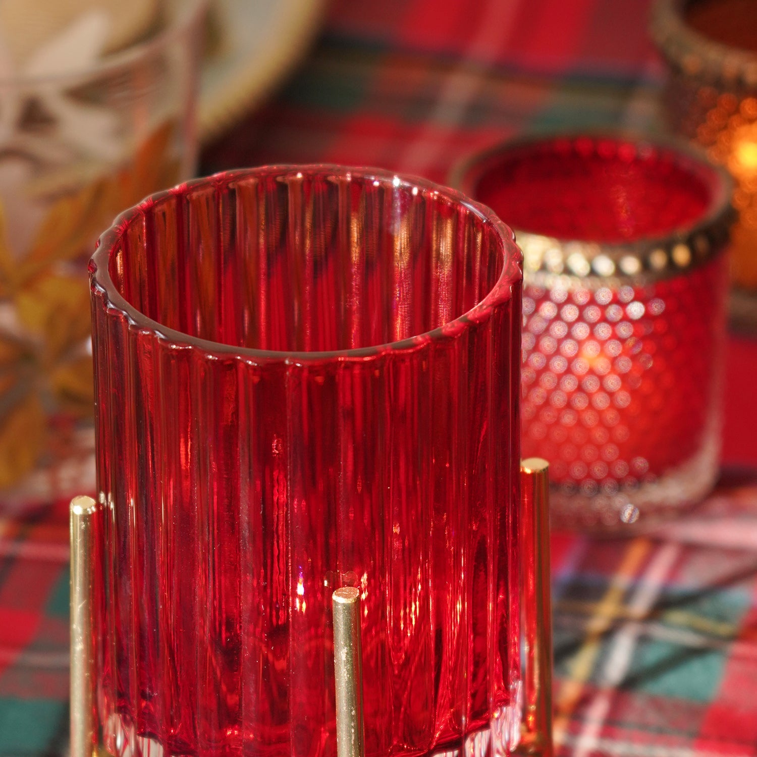 Red Ribbed Glass Hurricane With Metal Stand - Small