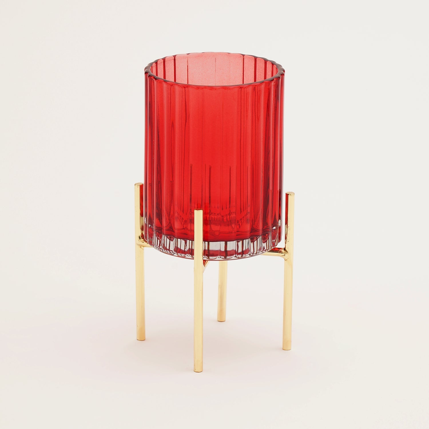 Red Ribbed Glass Hurricane With Metal Stand - Small