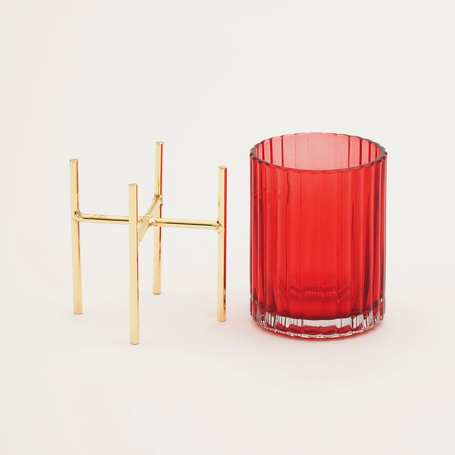 Red Ribbed Glass Hurricane With Metal Stand - Small