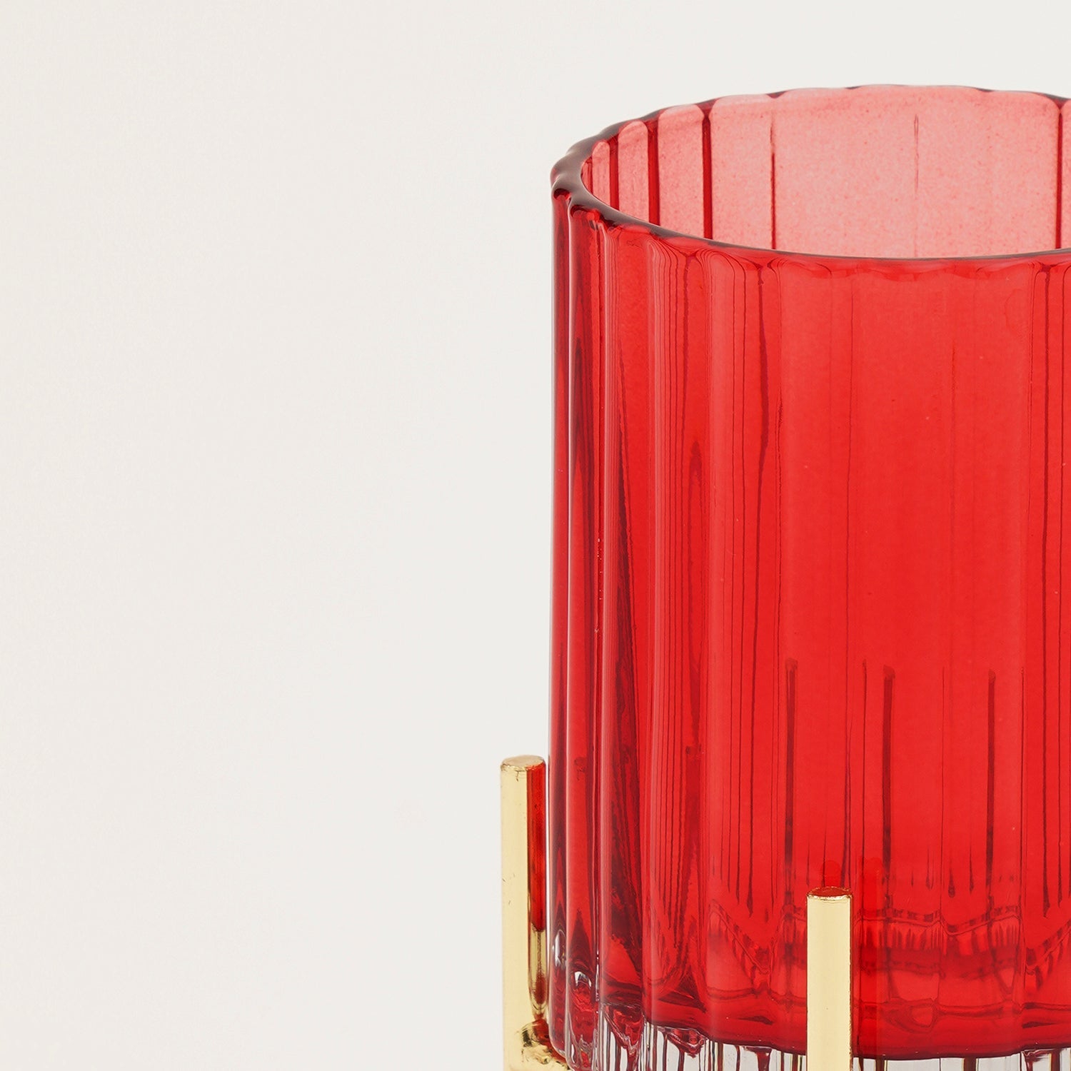 Red Ribbed Glass Hurricane With Metal Stand - Small